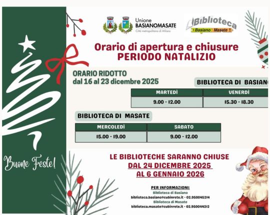 BIBLIOTECHE: Orario di apertura e chiusure periodo natalizio